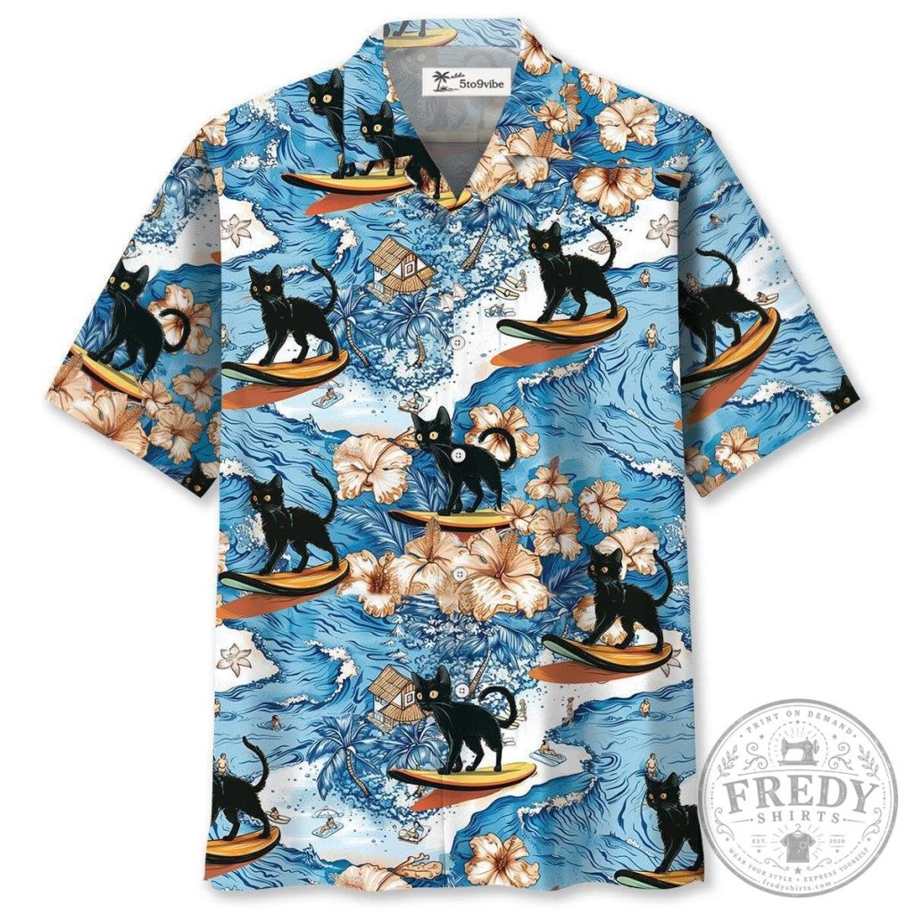 Black Cat Surfing Tropical Hawaiian Shirt for Men and Women