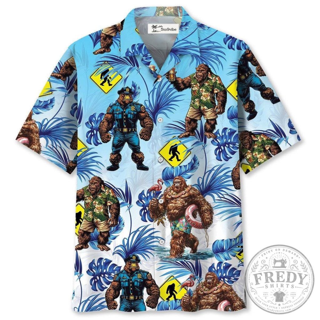 Bigfoot Sasquatch Crossing Tropical Leaves Hawaiian Shirt