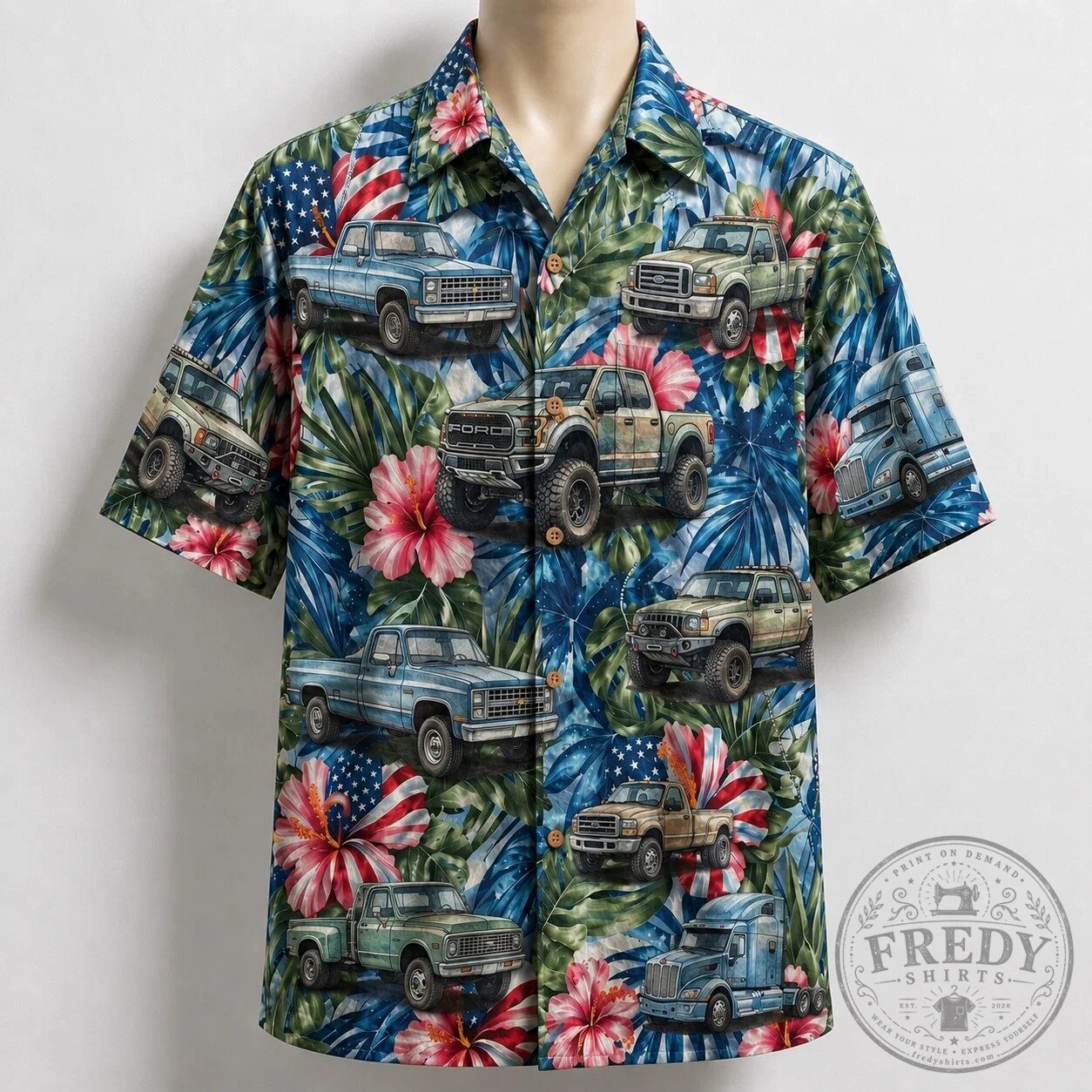 American Flag Truck Lover Tropical Hibiscus Hawaiian Shirt