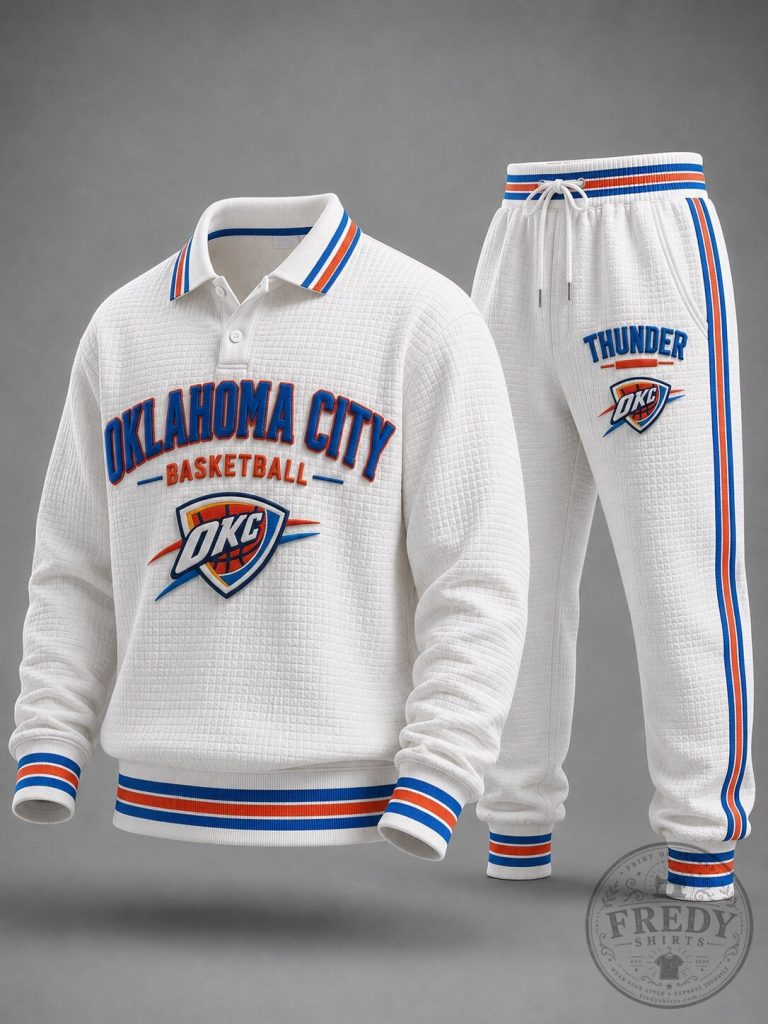 Oklahoma City Thunder Basketball Team White Quilted Polo Shirt and Jogger Pants Set
