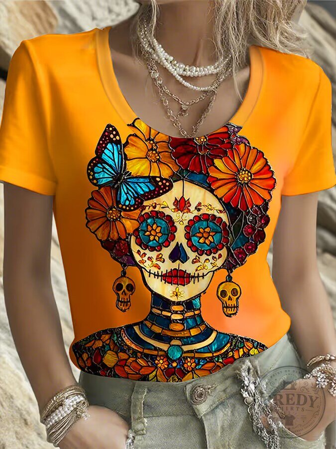 Day of the Dead Sugar Skull Butterfly Floral Women's T-Shirt