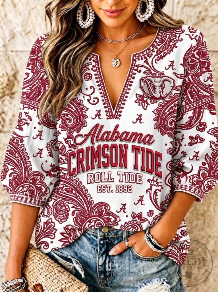 Alabama Crimson Tide Roll Tide Paisley Print V-Neck Long Sleeve Shirt