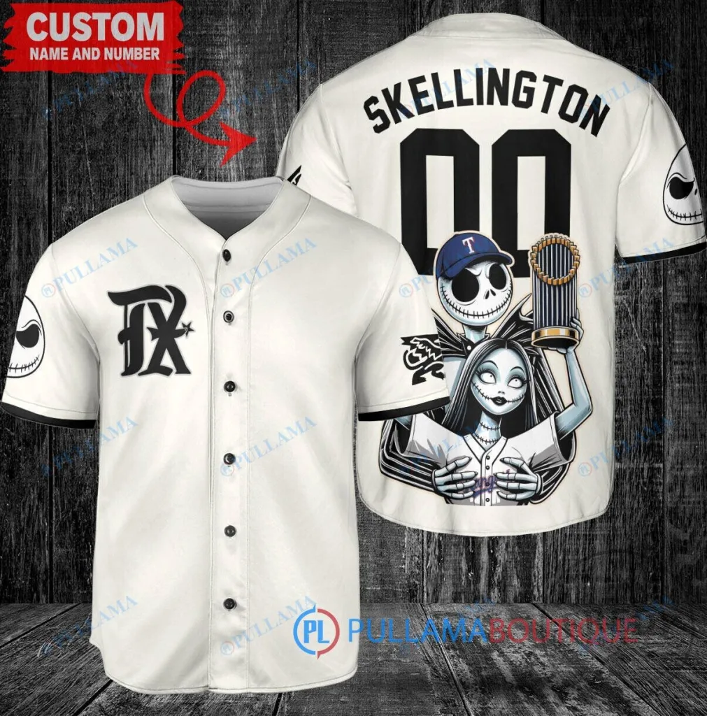 Texas Rangers Baseball Jack Skellington Sally World Series Trophy Custom Baseball Jersey 19 Texas Rangers Baseball Jack Skellington Sally World Series Trophy Custom Baseball Jersey