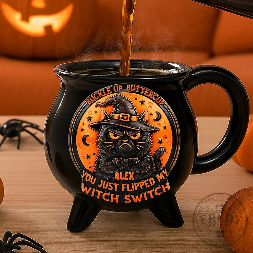 Buckle Up Buttercup Witchy Cat Halloween Cauldron Mug