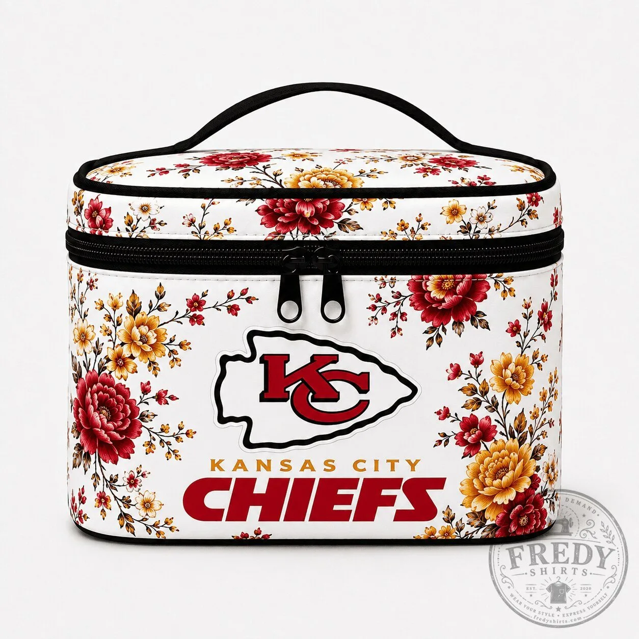 Kansas City Chiefs Floral Pattern Cosmetic Bag with Zipper Closure