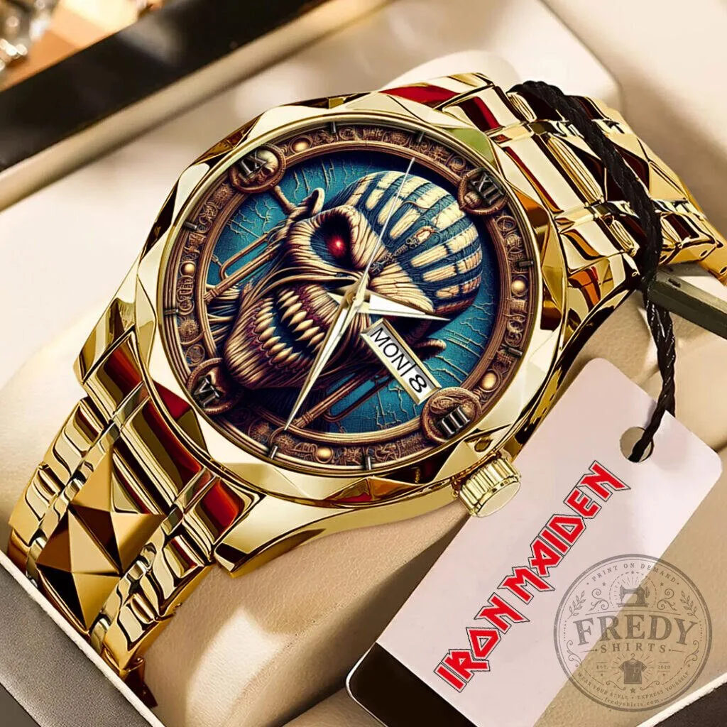 Stainless Steel Quartz Watch with Gold Tone featuring Iron Maiden's Eddie The Head
