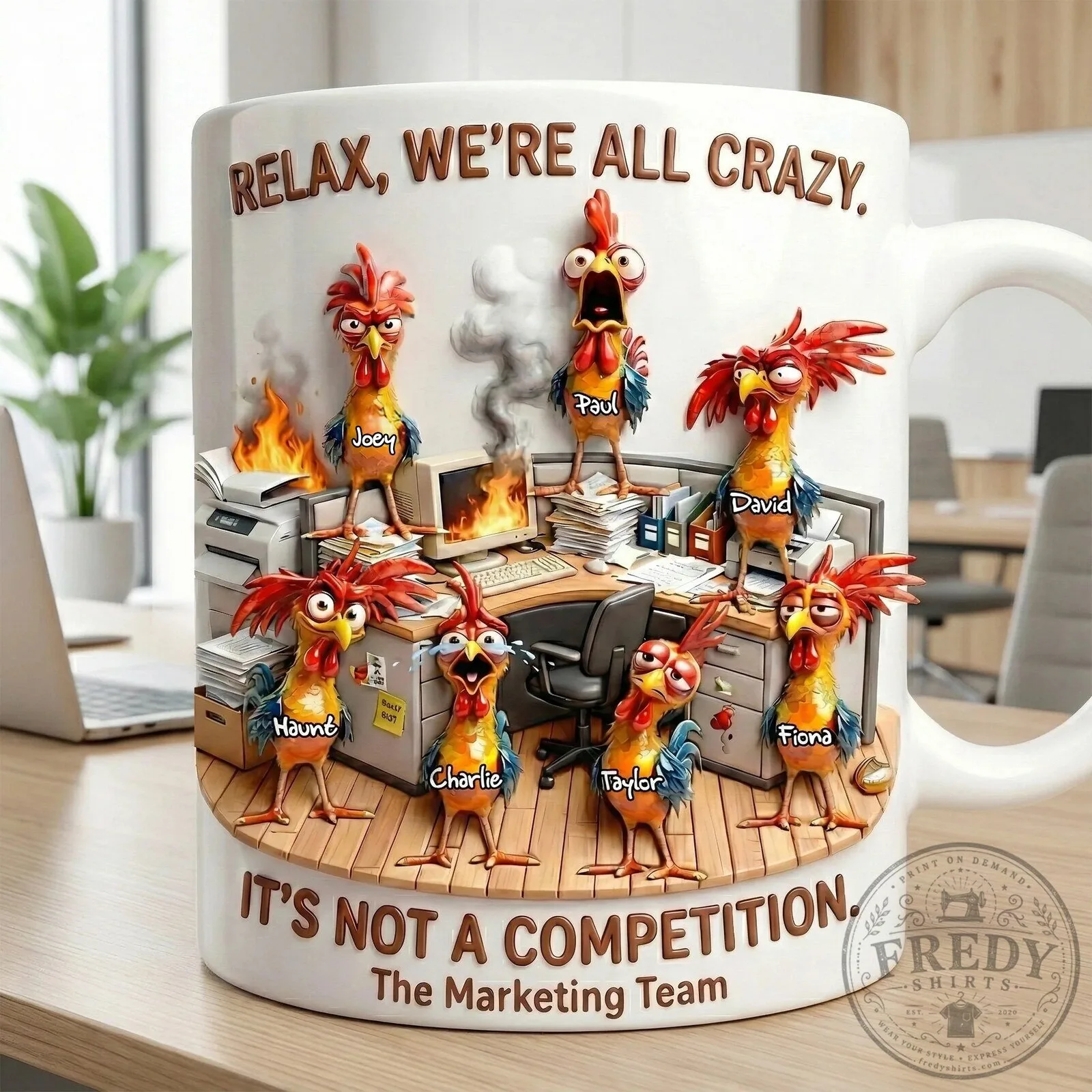 Funny Office Worker Rooster Coffee Mug - Relax We're All Crazy Marketing Team Gift