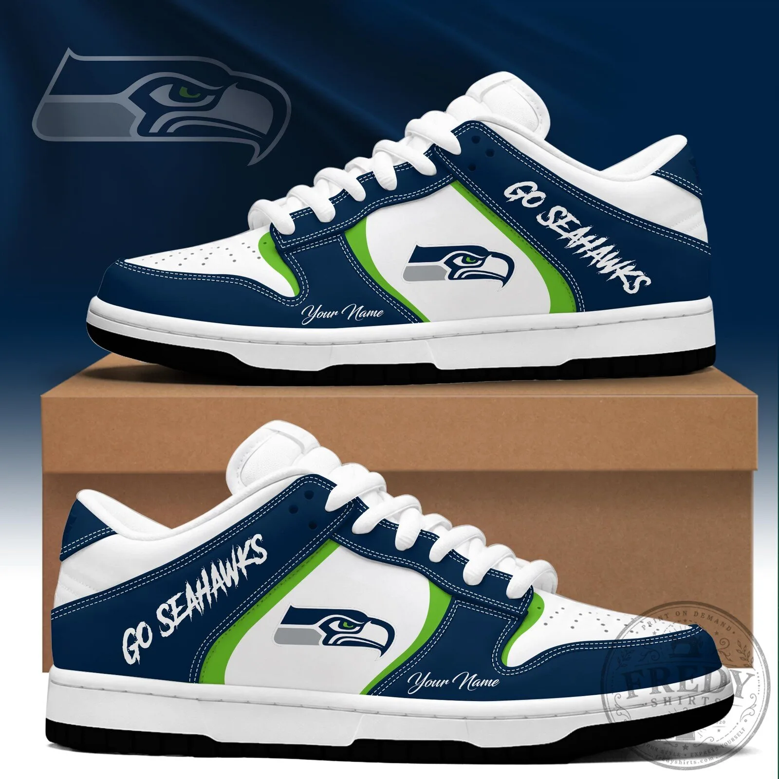 Seattle Seahawks Custom Name Team Logo White Blue Green Sneakers