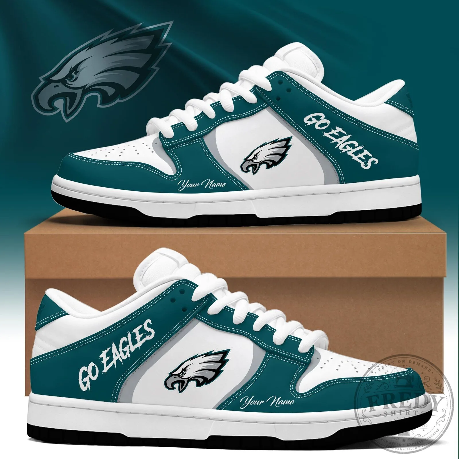 Philadelphia Eagles Go Eagles Custom Name White and Teal Sneakers