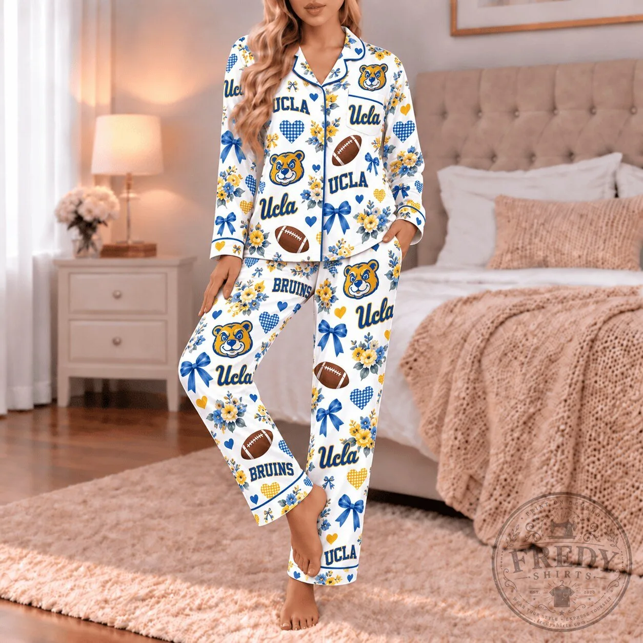 UCLA Bruins Football Blue Bows and Sunflowers Pajamas Set