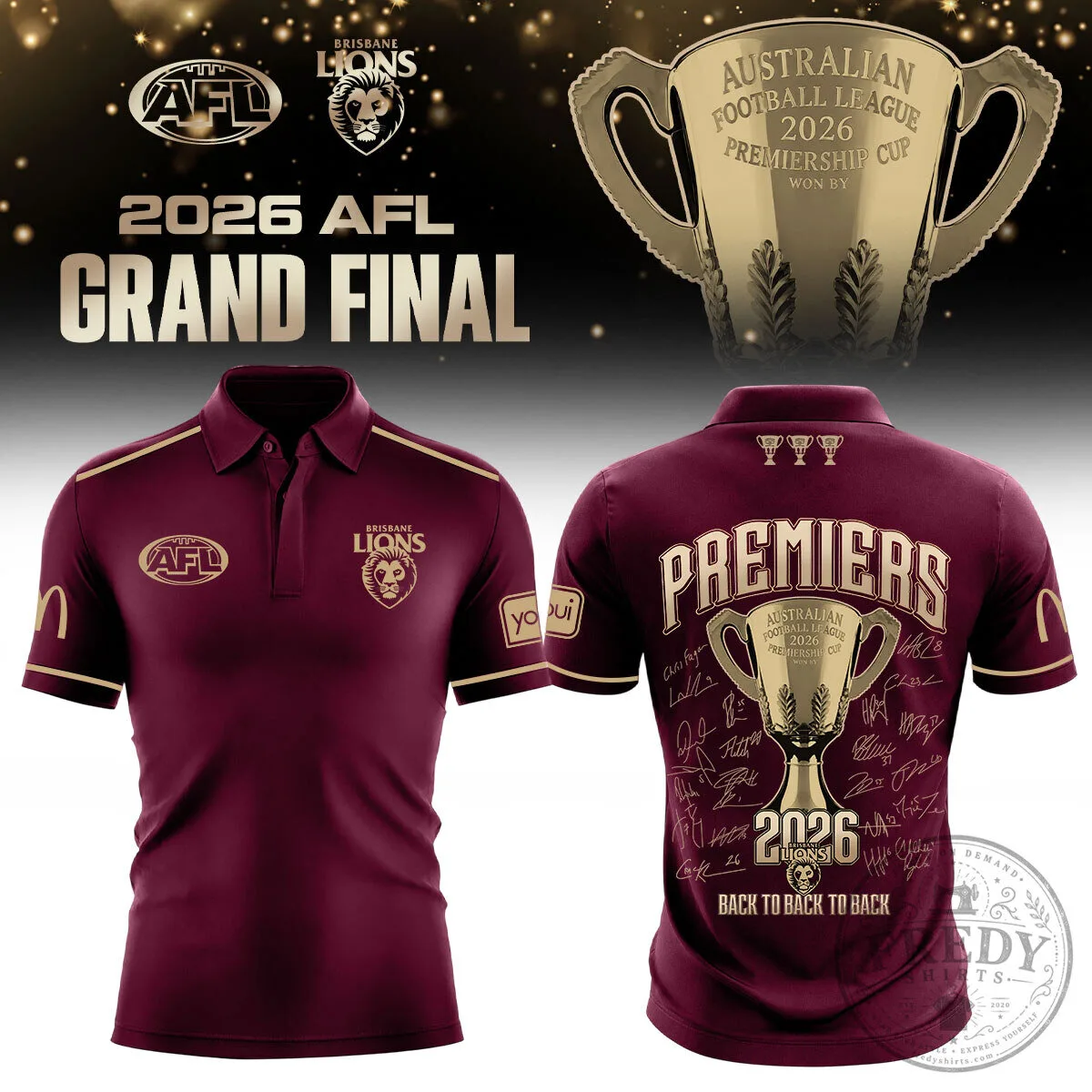 Brisbane Lions 2026 AFL Grand Final Premiers Back To Back To Back Champions Polo Shirt
