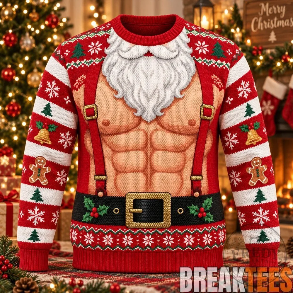 Santa Claus Six Pack Abs Funny Christmas Holiday Long Sleeve Sweater
