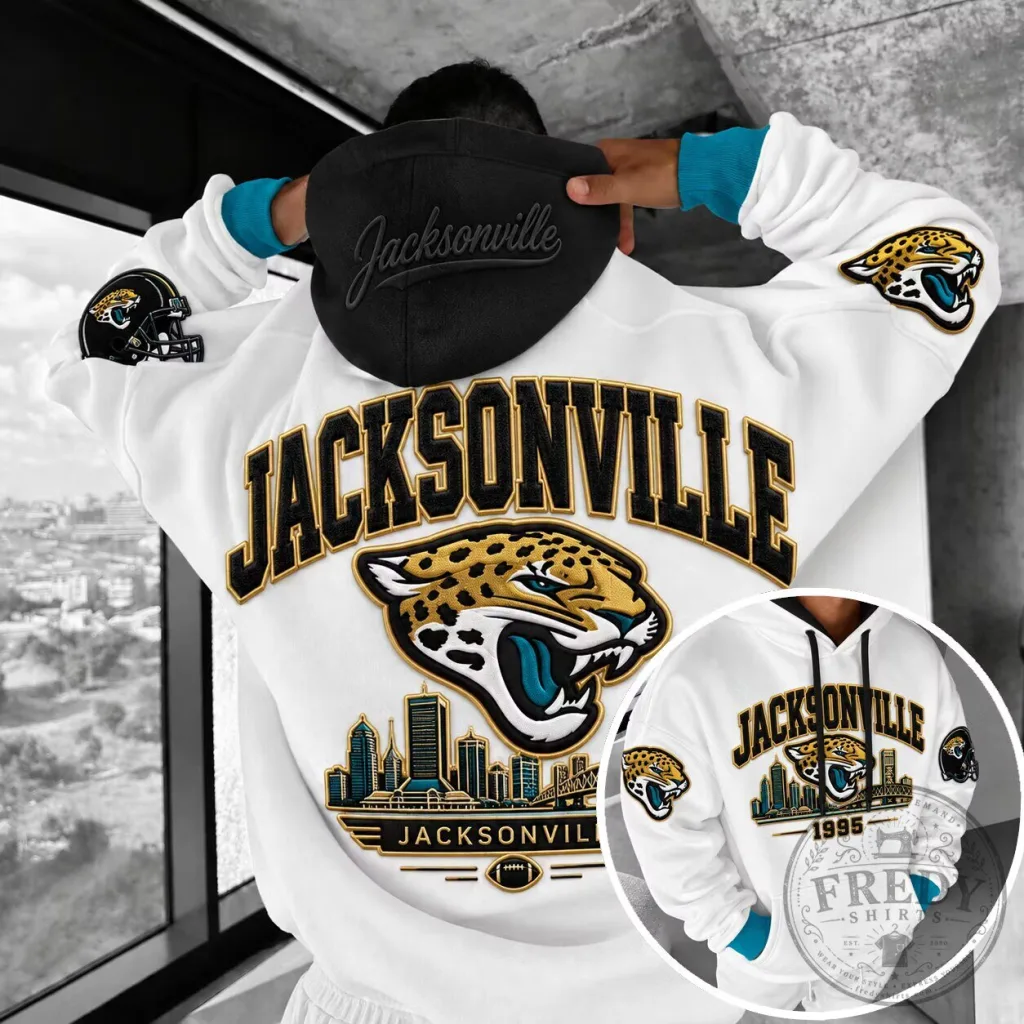 Jacksonville Jaguars American Football Team Logo and Skyline White Hoodie Jacksonville Jaguars American Football Team Logo and Skyline White Hoodie