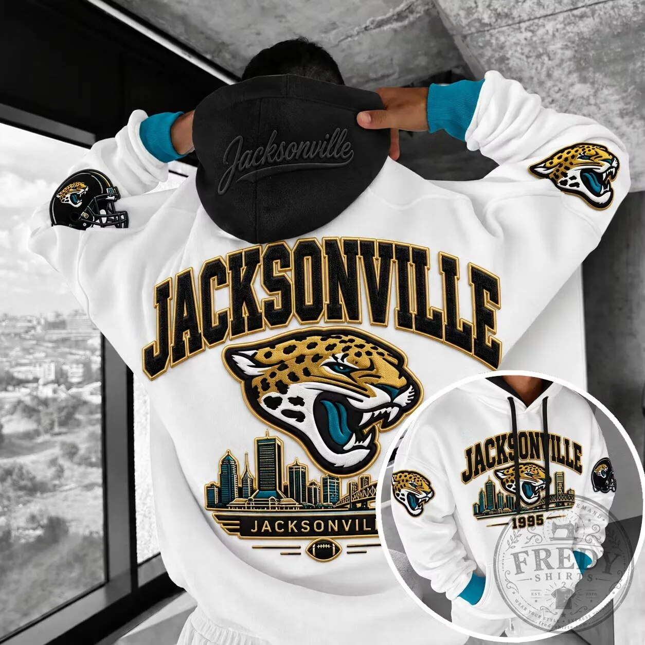 Jacksonville Jaguars American Football Team Logo and Skyline White Hoodie