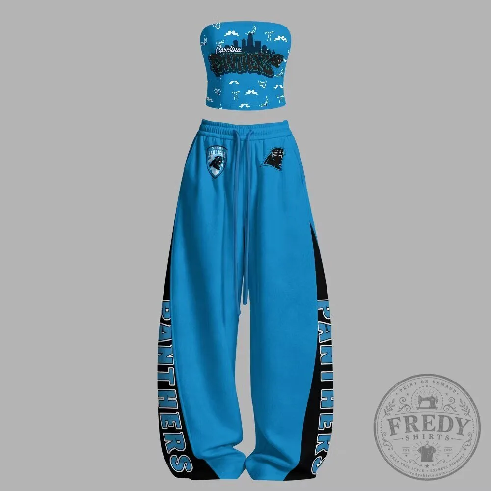 Carolina Panthers Football Team Blue Strapless Crop Top and Sweatpants Set 2 Carolina Panthers Football Team Blue Strapless Crop Top and Sweatpants Set