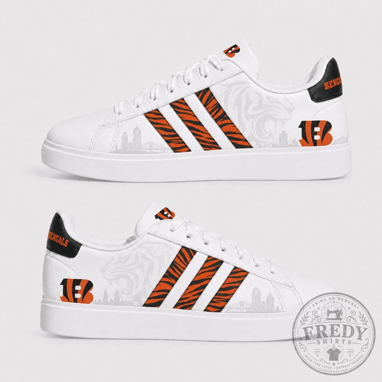 Cincinnati Bengals Team Logo White and Orange Striped Design Sneakers