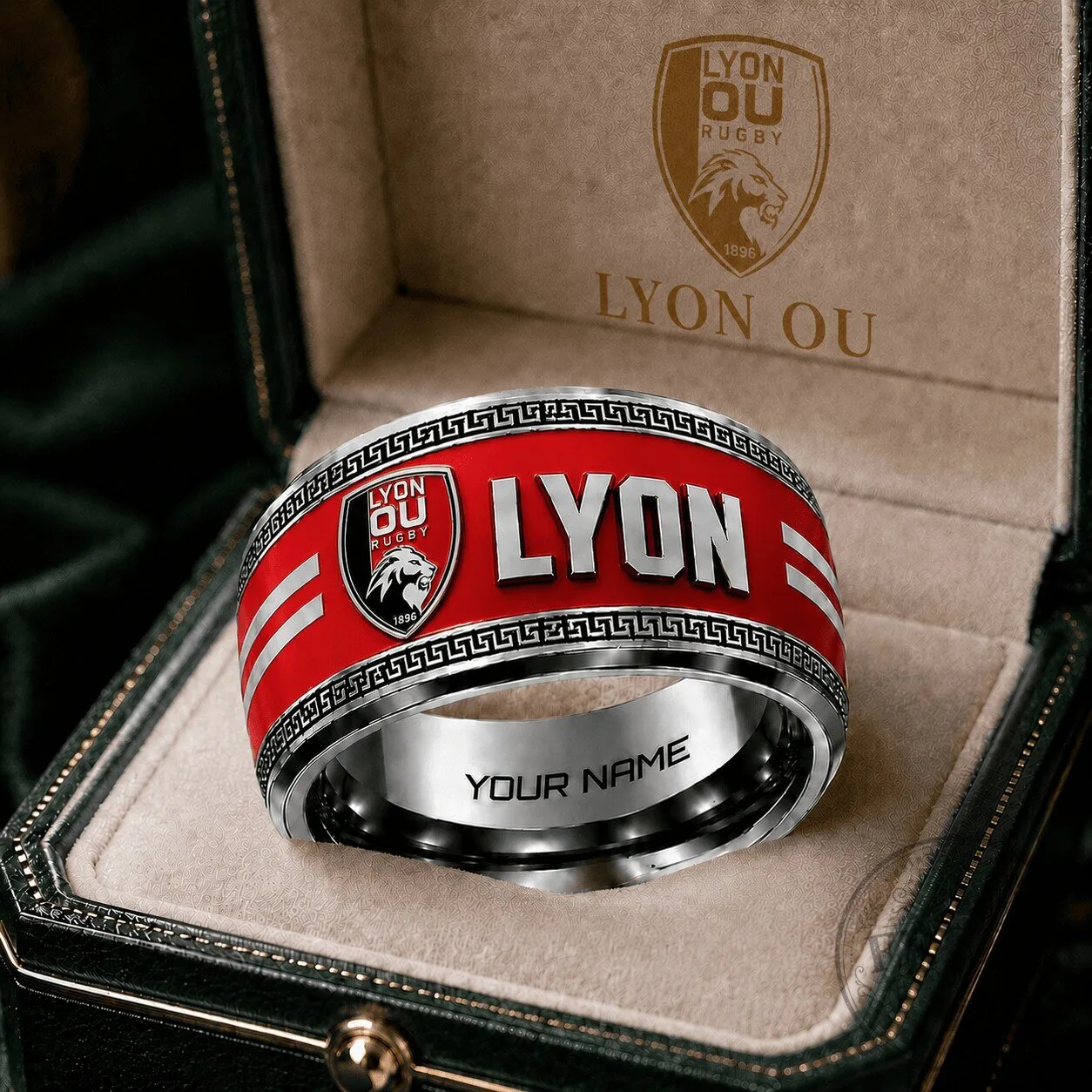 Lyon OU Rugby Team Red Custom Name Engraved Sports Ring 1 Lyon OU Rugby Team Red Custom Name Engraved Sports Ring