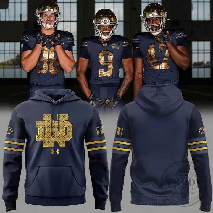 Notre Dame Football Shamrock Series Gold Logo Navy Blue Hoodie 3 Notre Dame Football Shamrock Series Gold Logo Navy Blue Hoodie
