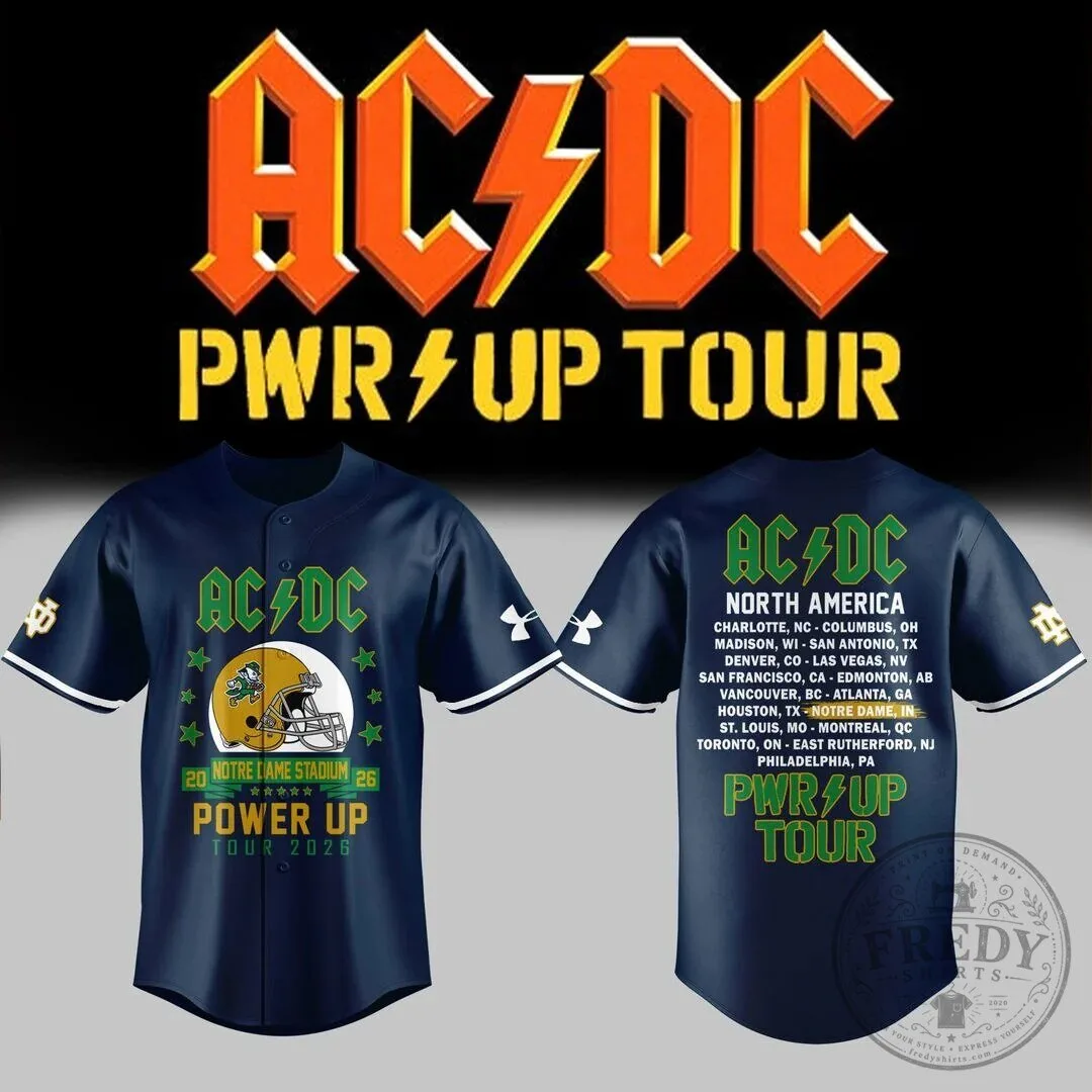 2026 Baseball Jersey Featuring Notre Dame Football AC/DC Power Up Tour