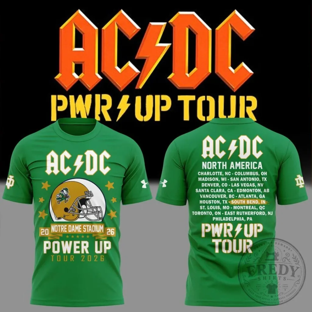 AC/DC Power Up Tour 2026 T-Shirt Featuring Notre Dame Football Concert Design
