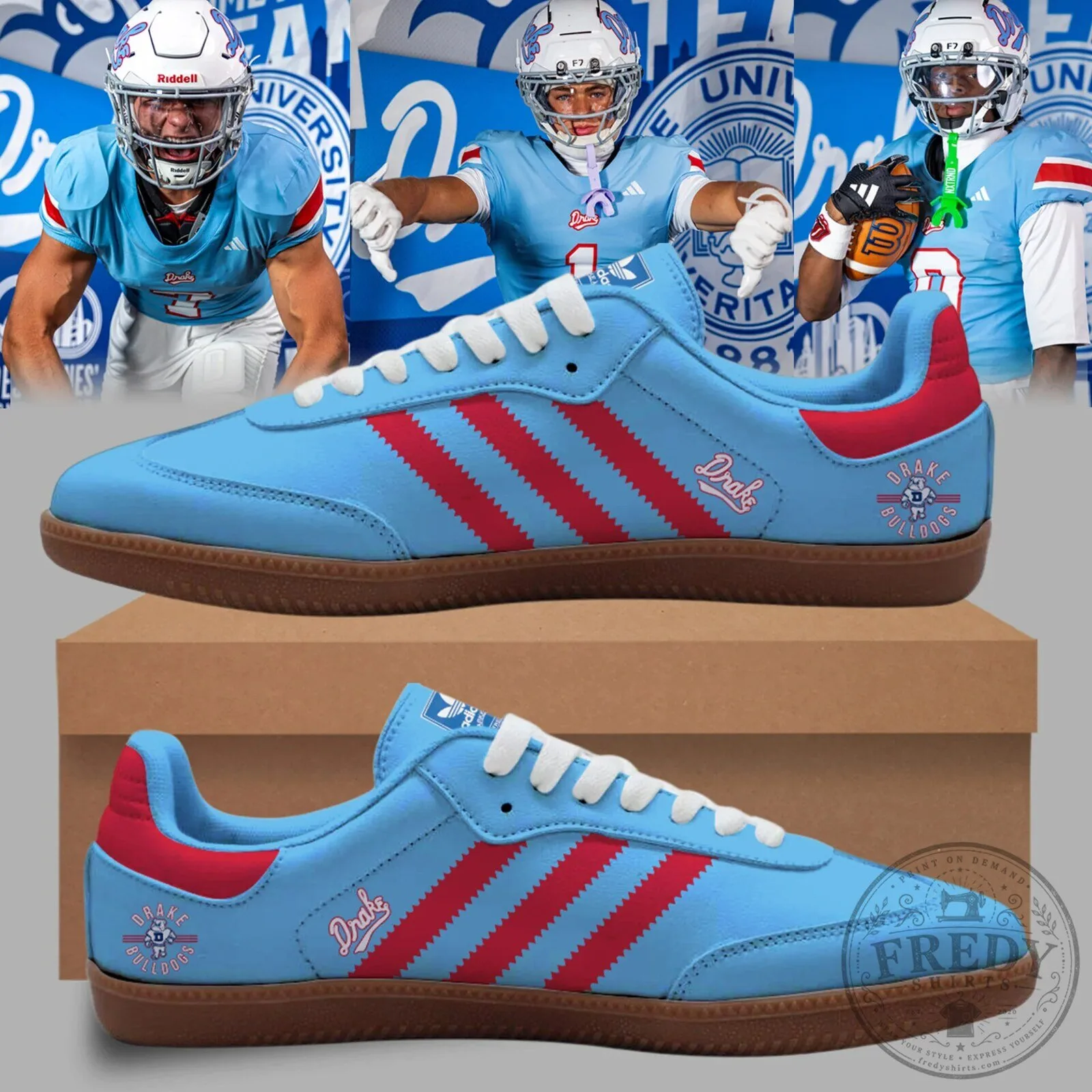 Drake University Bulldogs Powder Blue and Red Stripe Athletic Shoes