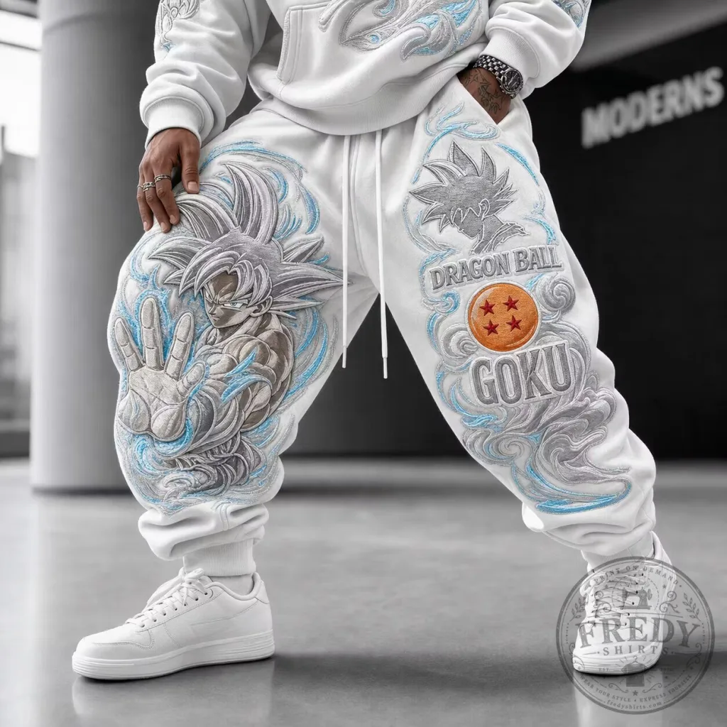 Dragon Ball Z Super Saiyan Goku Ultra Instinct White Embroidered Sweatpants Dragon Ball Z Super Saiyan Goku Ultra Instinct White Embroidered Sweatpants