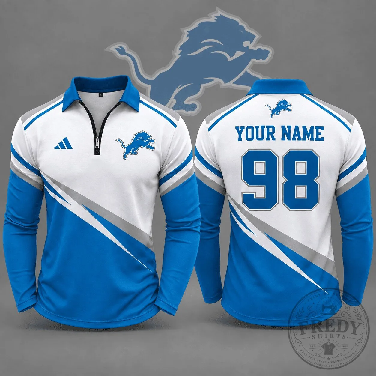 Detroit Lions NFL Football Team Blue and White Custom Name and Number Long Sleeve Polo Shirt