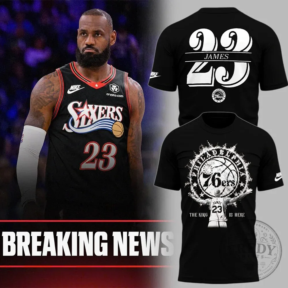 Black T-Shirt for Fans of LeBron James and the Philadelphia 76ers Basketball Team