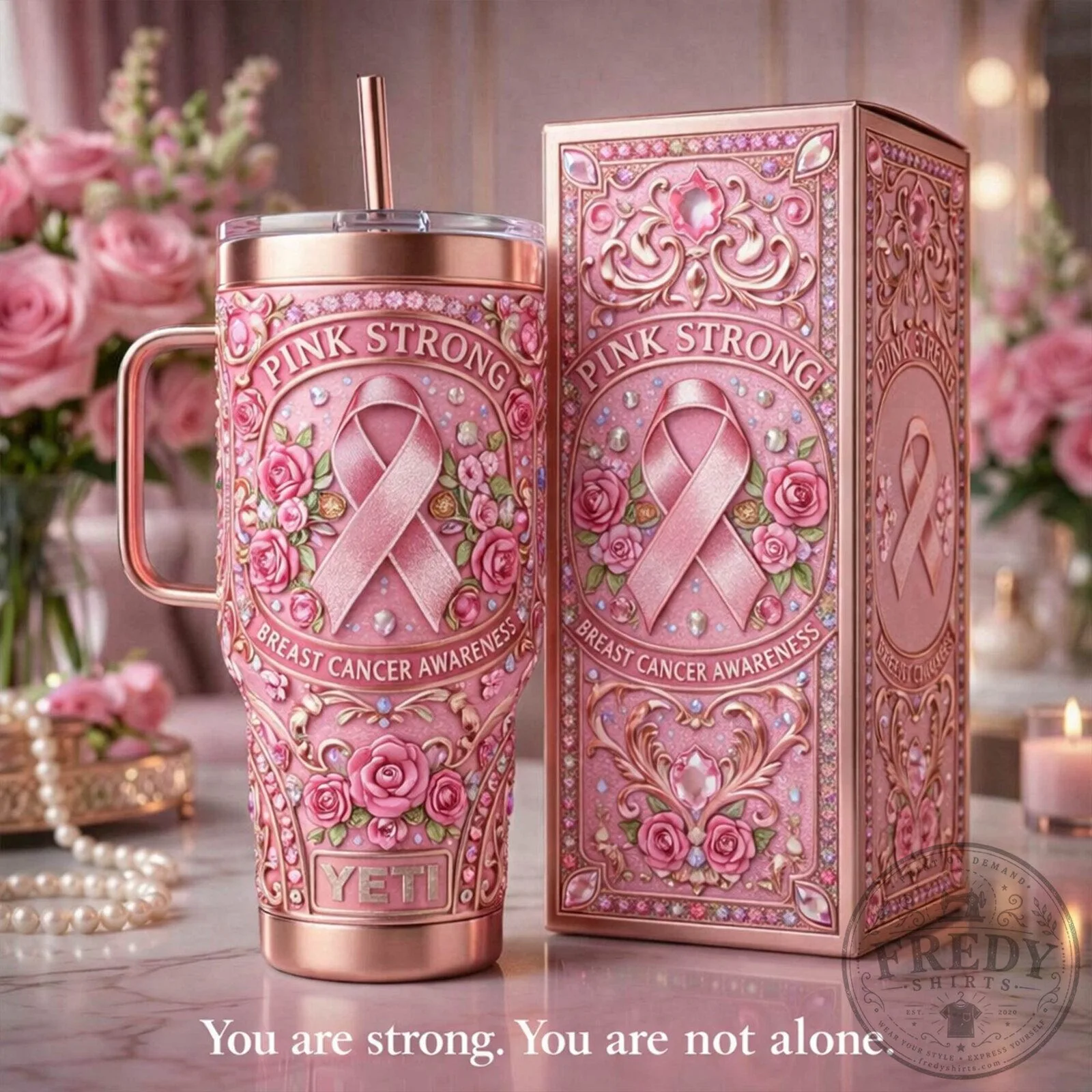 Pink Strong Breast Cancer Awareness Floral Ribbon Rose Gold Tumbler