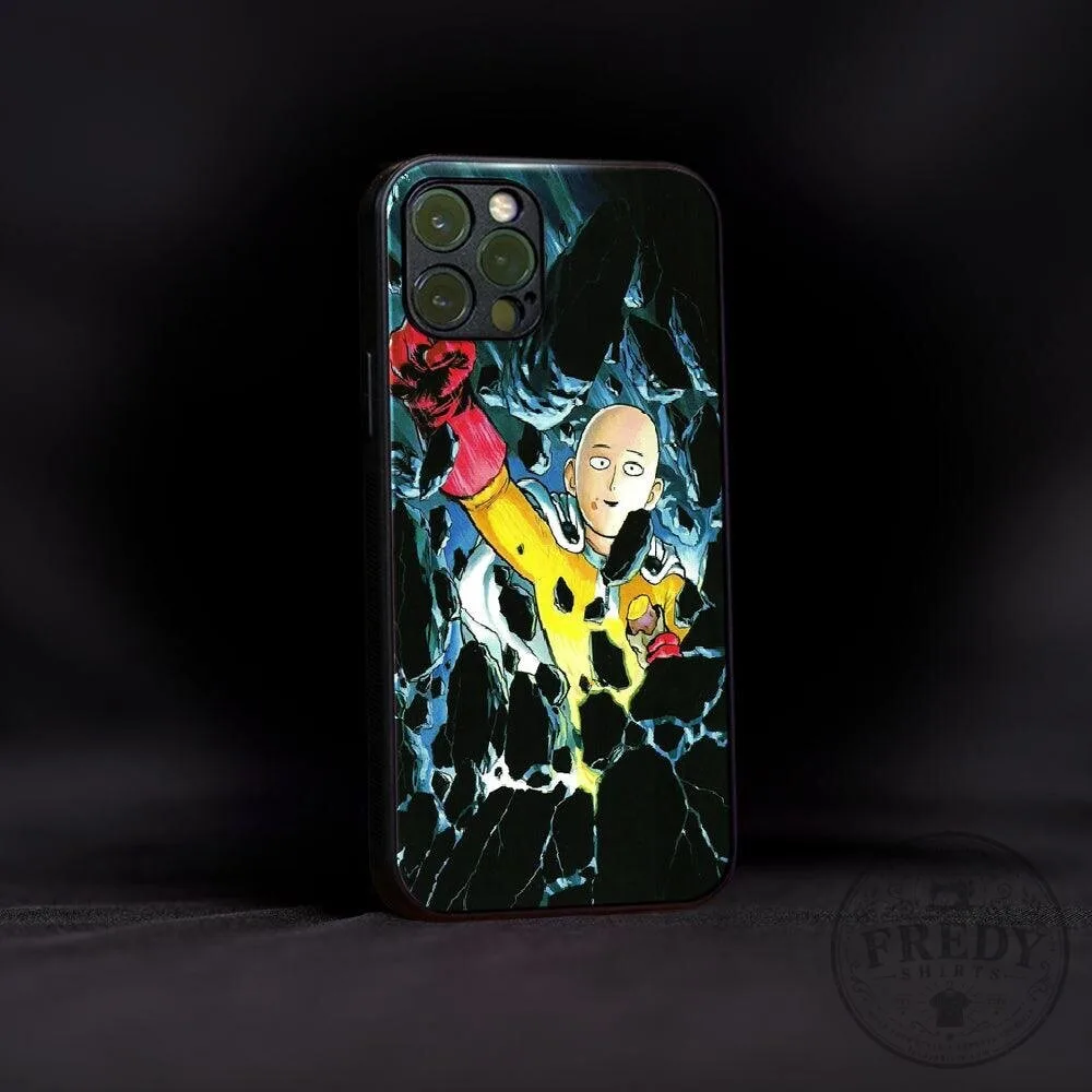 Saitama Phone Case Featuring One-Punch Man Punching Through a Wall