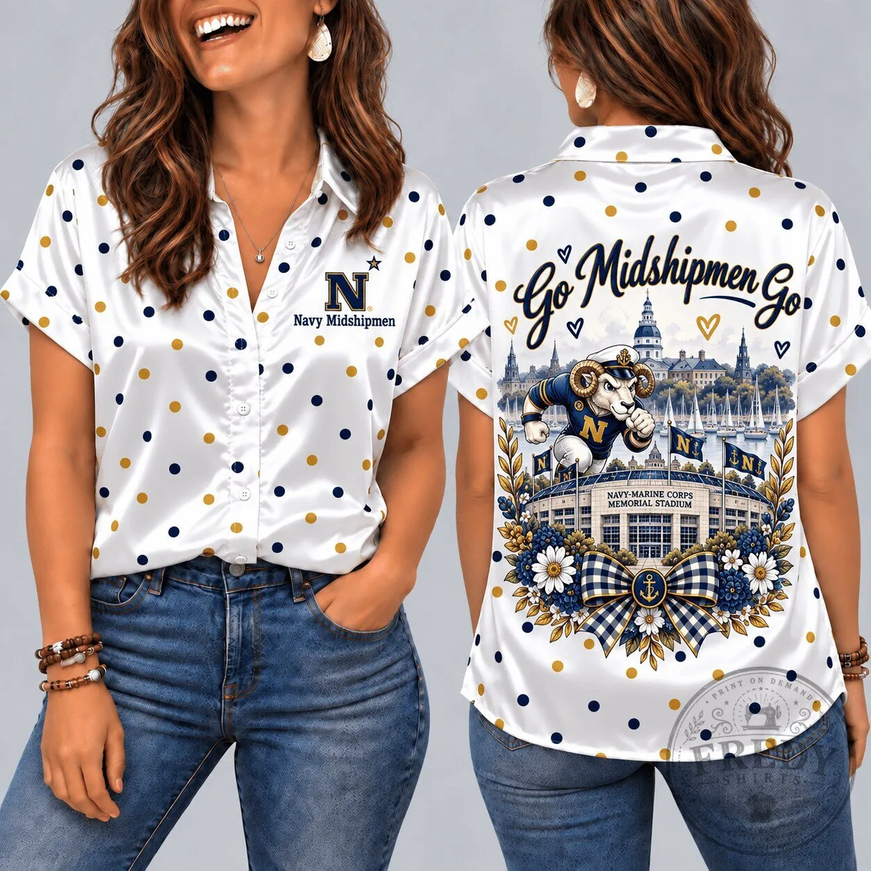 Navy Midshipmen Mascot Go Midshipmen Go Short Sleeve Button Down Shirt