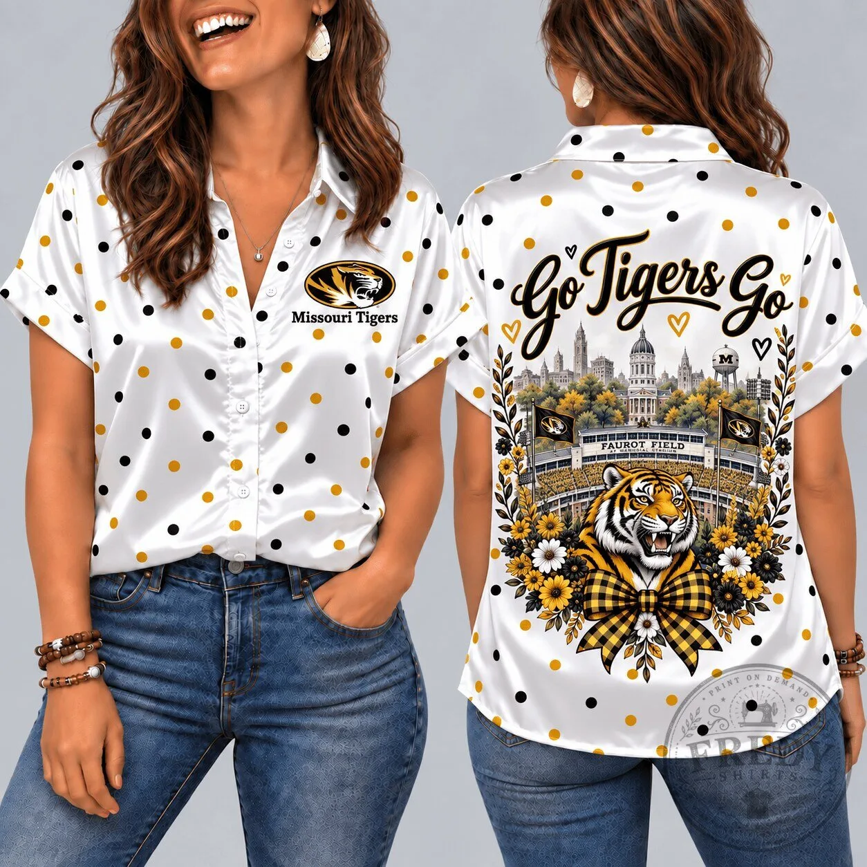 Missouri Tigers Mascot Polka Dot Short Sleeve Button Down Hawaiian Shirt