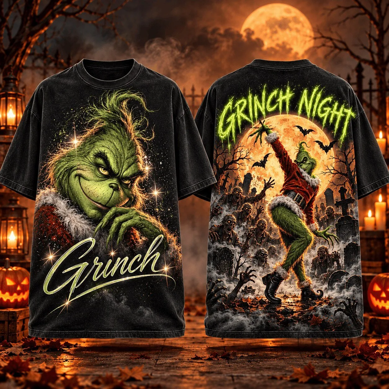 Grinch Night Portrait And Moonlit Graveyard Halloween T-Shirt