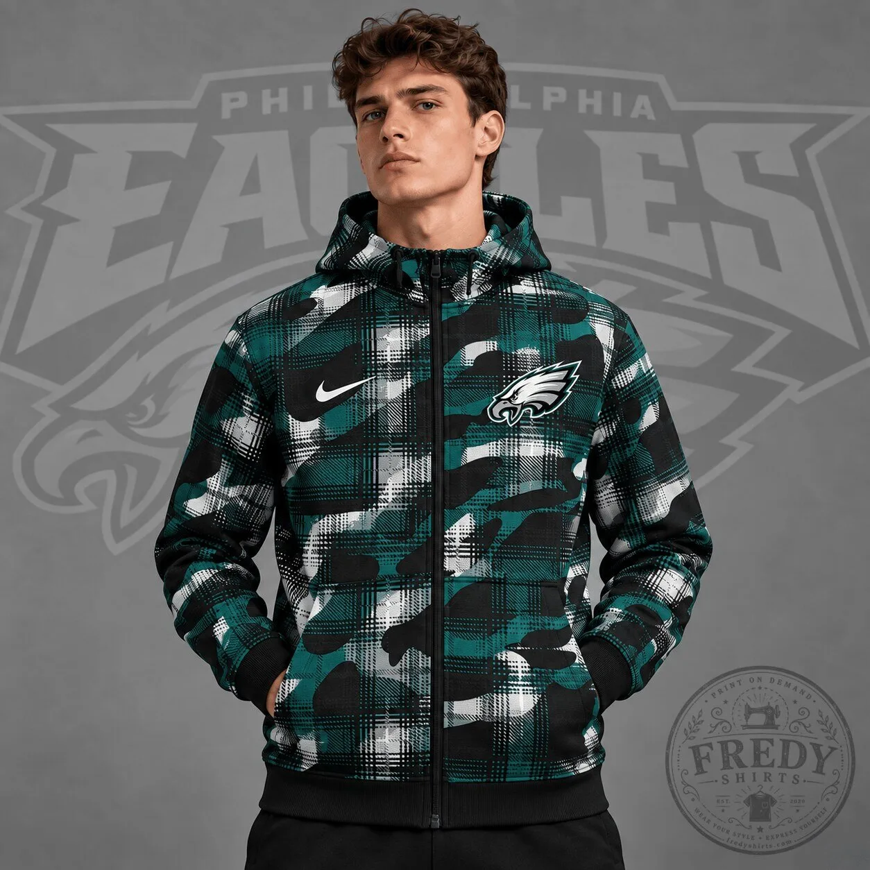 Philadelphia Eagles Plaid Camouflage Full Zip Hoodie