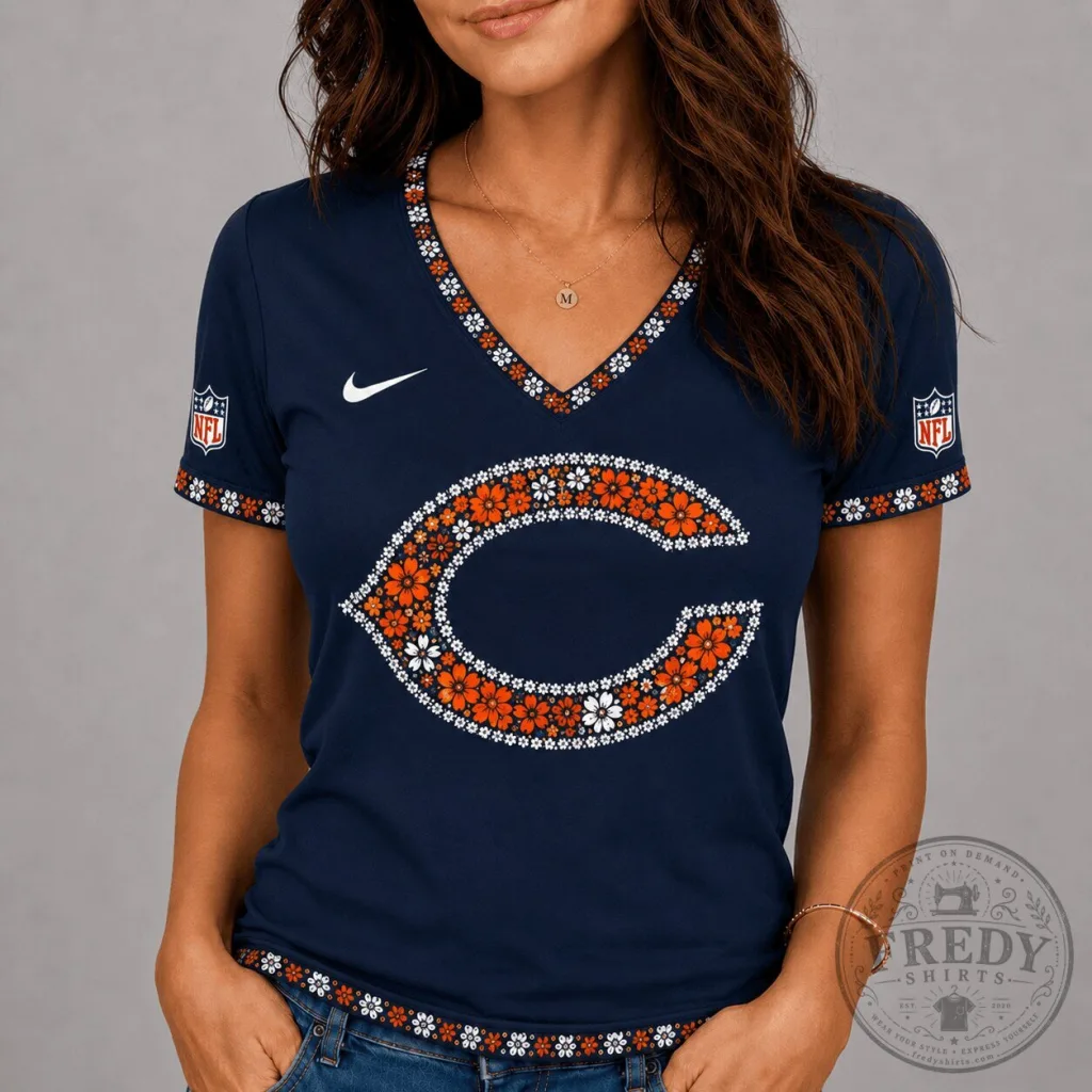 Chicago Bears Floral Logo V-Neck Short Sleeve Women's T-Shirt