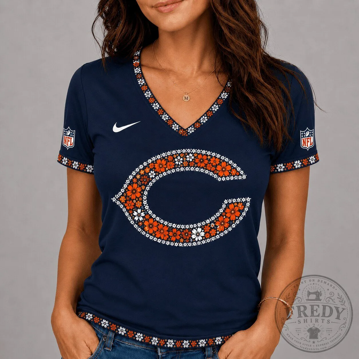 Chicago Bears Floral Logo V-Neck Short Sleeve Women's T-Shirt 2 Chicago Bears Floral Logo V-Neck Short Sleeve Women's T-Shirt