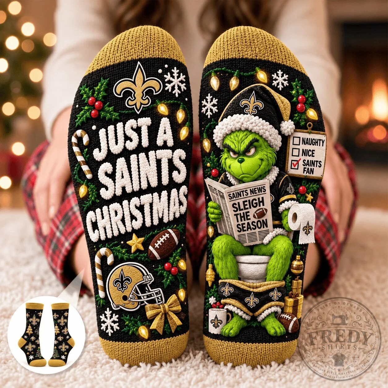 New Orleans Saints Grinch Christmas Holiday Funny Football Fan Socks