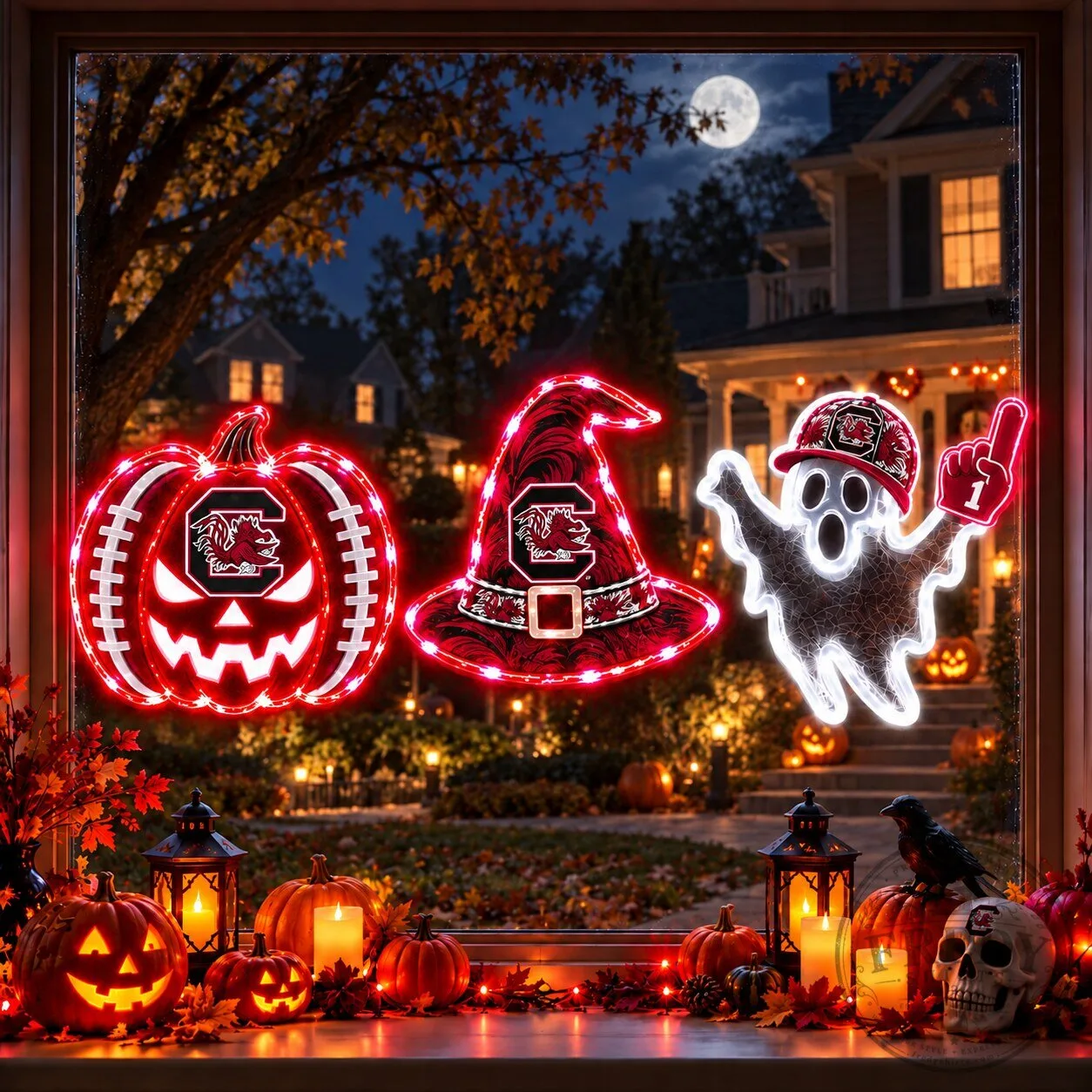 South Carolina Gamecocks Halloween Football Pumpkin Witch Hat Ghost Window Lights