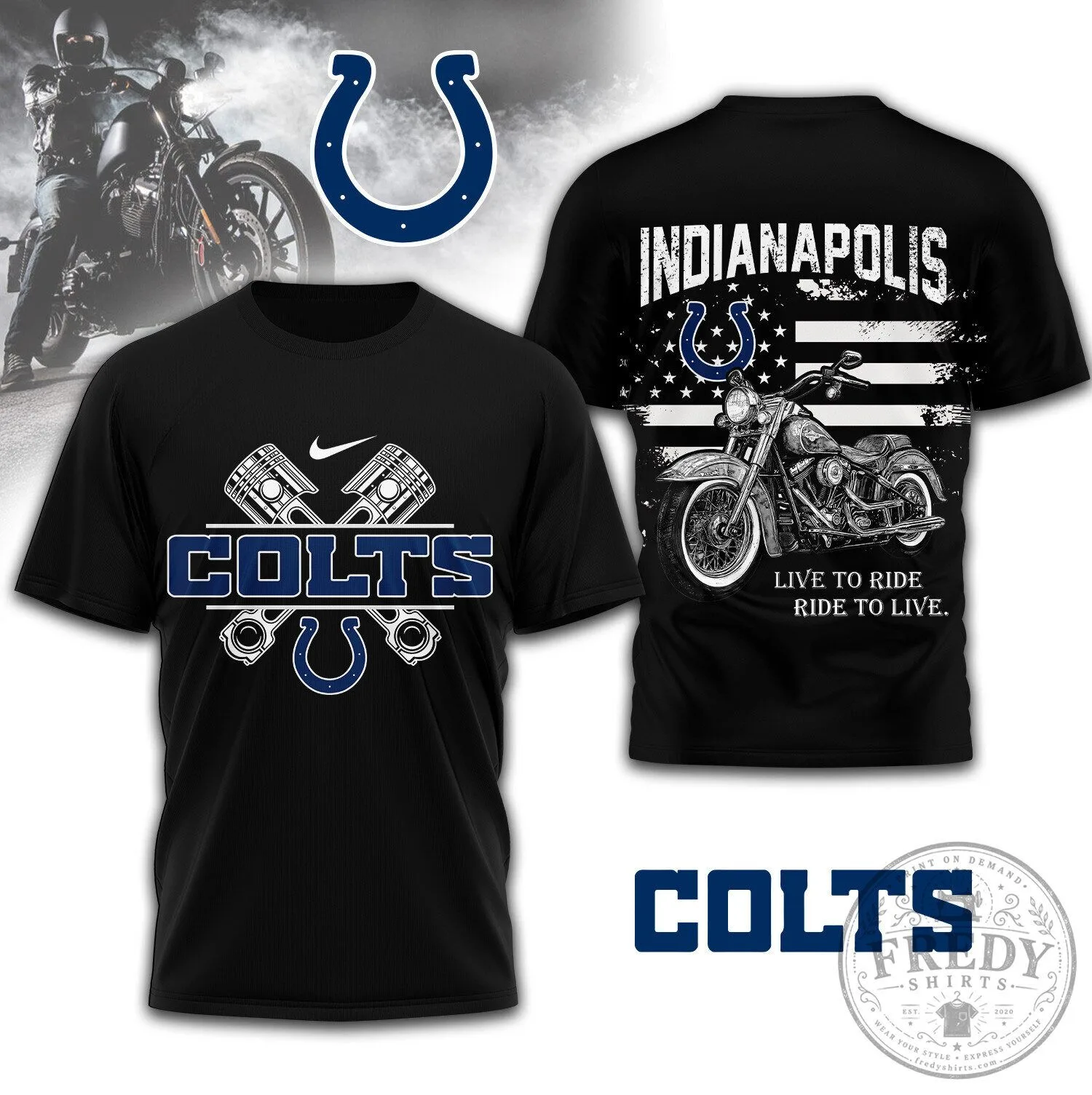 Indianapolis Colts Motorcycle Live To Ride American Flag T-Shirt