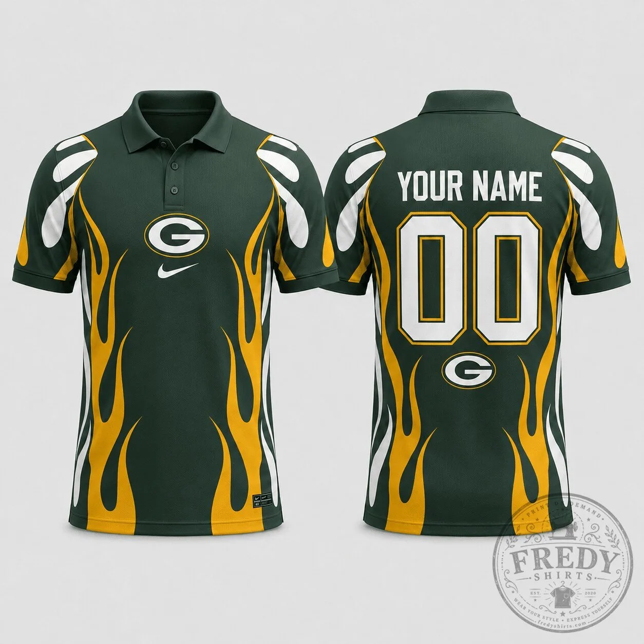 Green Bay Packers NFL Custom Name Number Flame Design Polo Shirt
