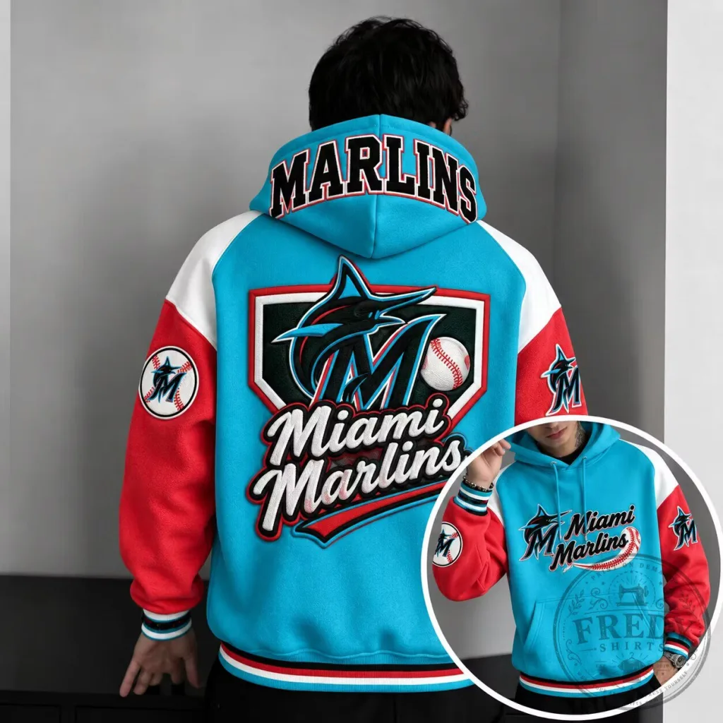Miami Marlins Baseball Team Logo Embroidered Hoodie Miami Marlins Baseball Team Logo Embroidered Hoodie