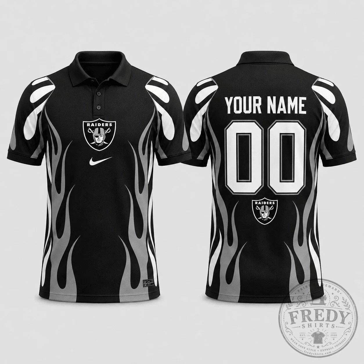 Las Vegas Raiders Black and White Flame Design Personalized Polo Shirt