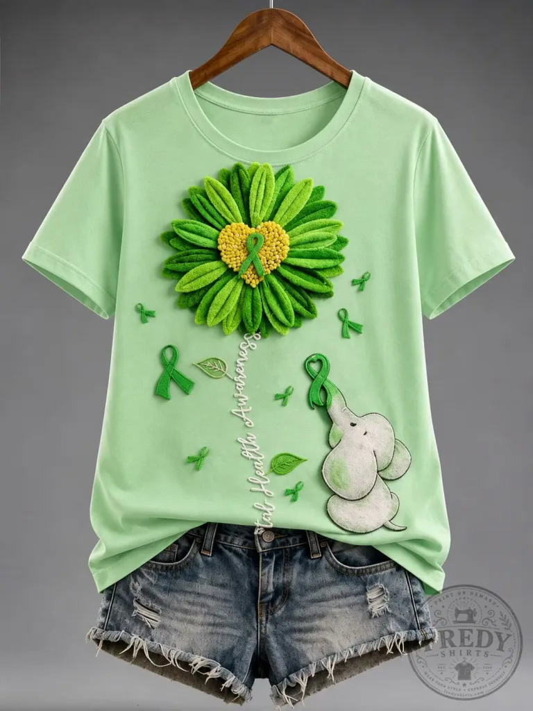 Mental Health Awareness Green Ribbon Elephant Daisy T-Shirt