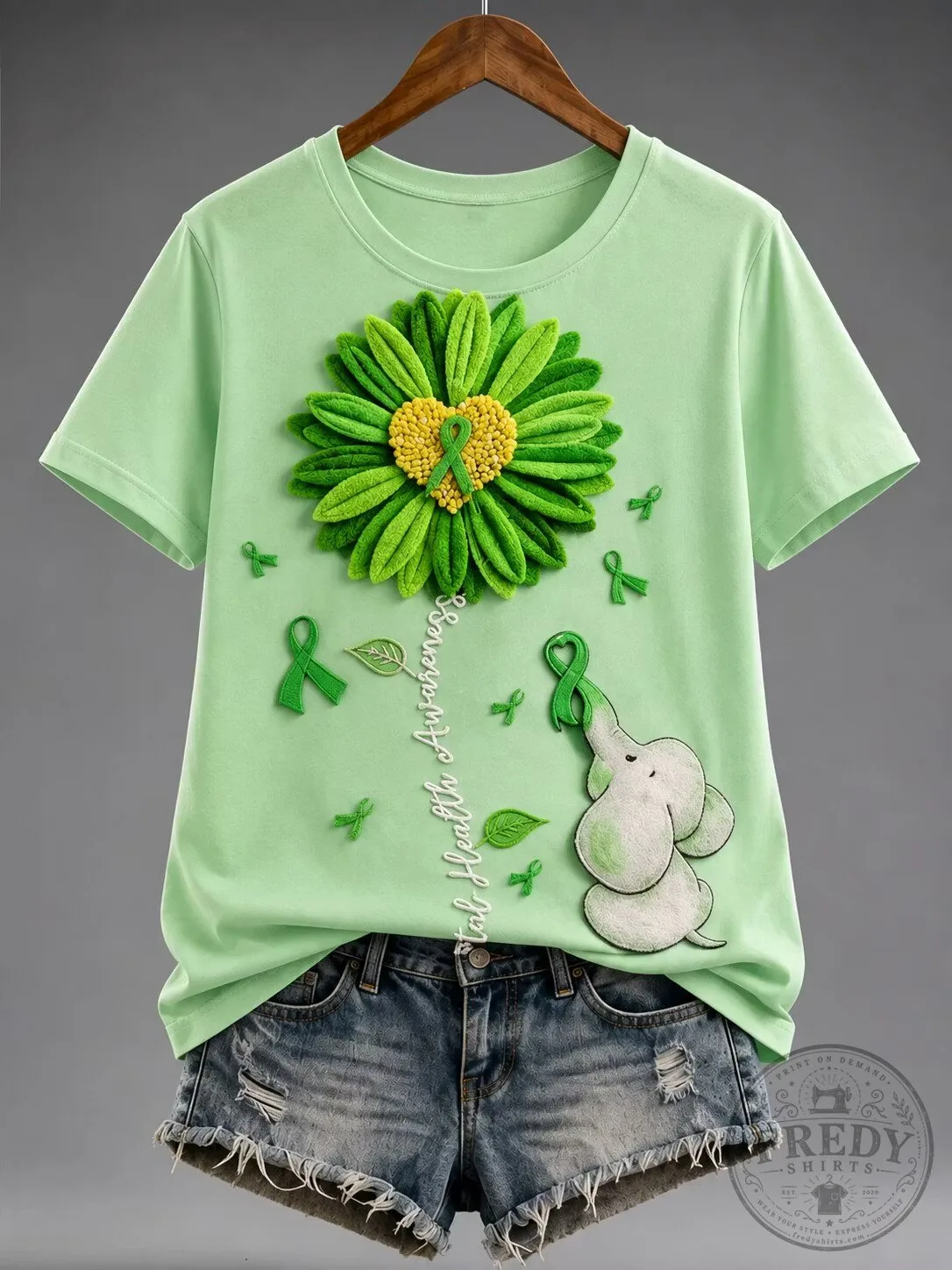 Mental Health Awareness Green Ribbon Elephant Daisy T-Shirt
