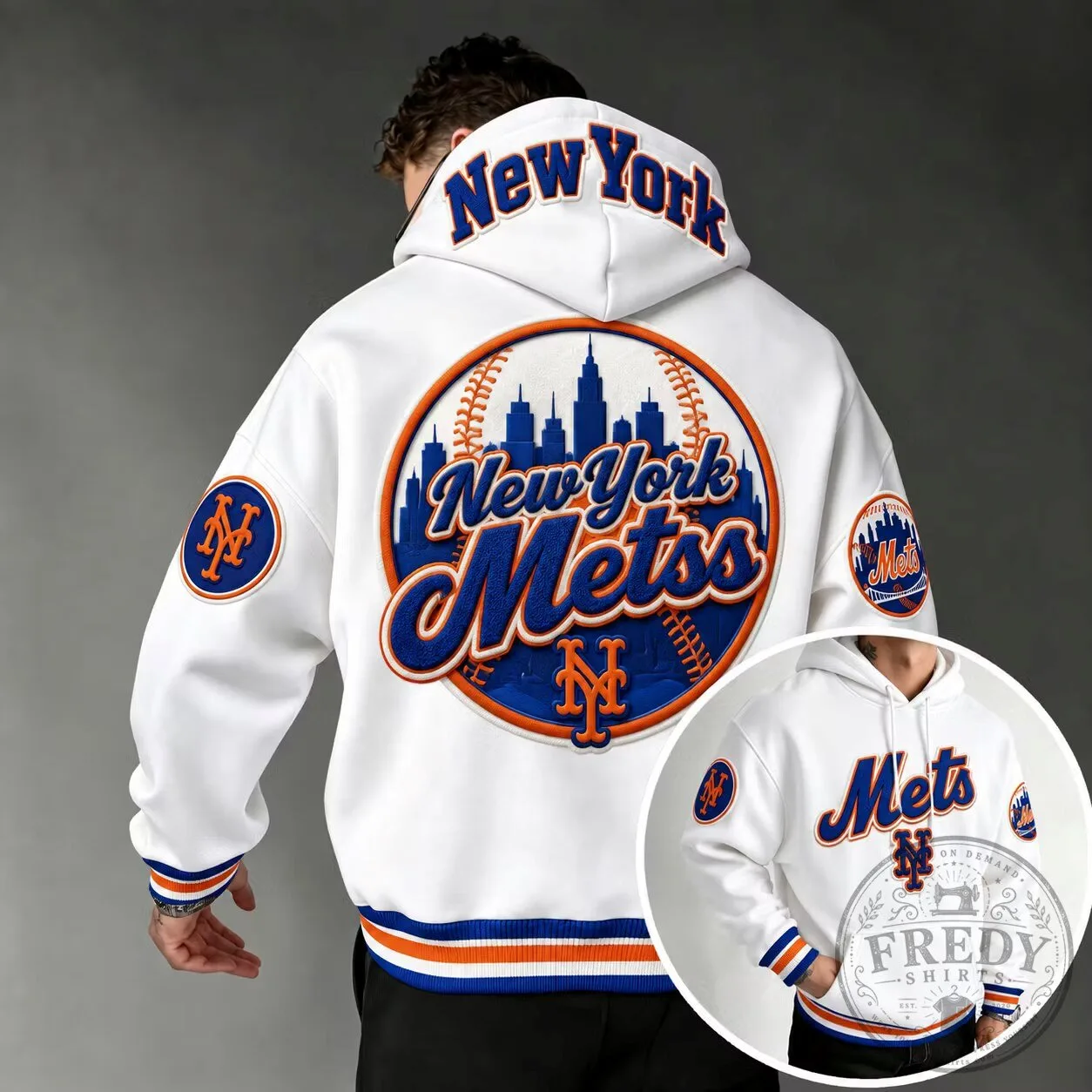 New York Mets Baseball Team Logo White Oversized Hoodie