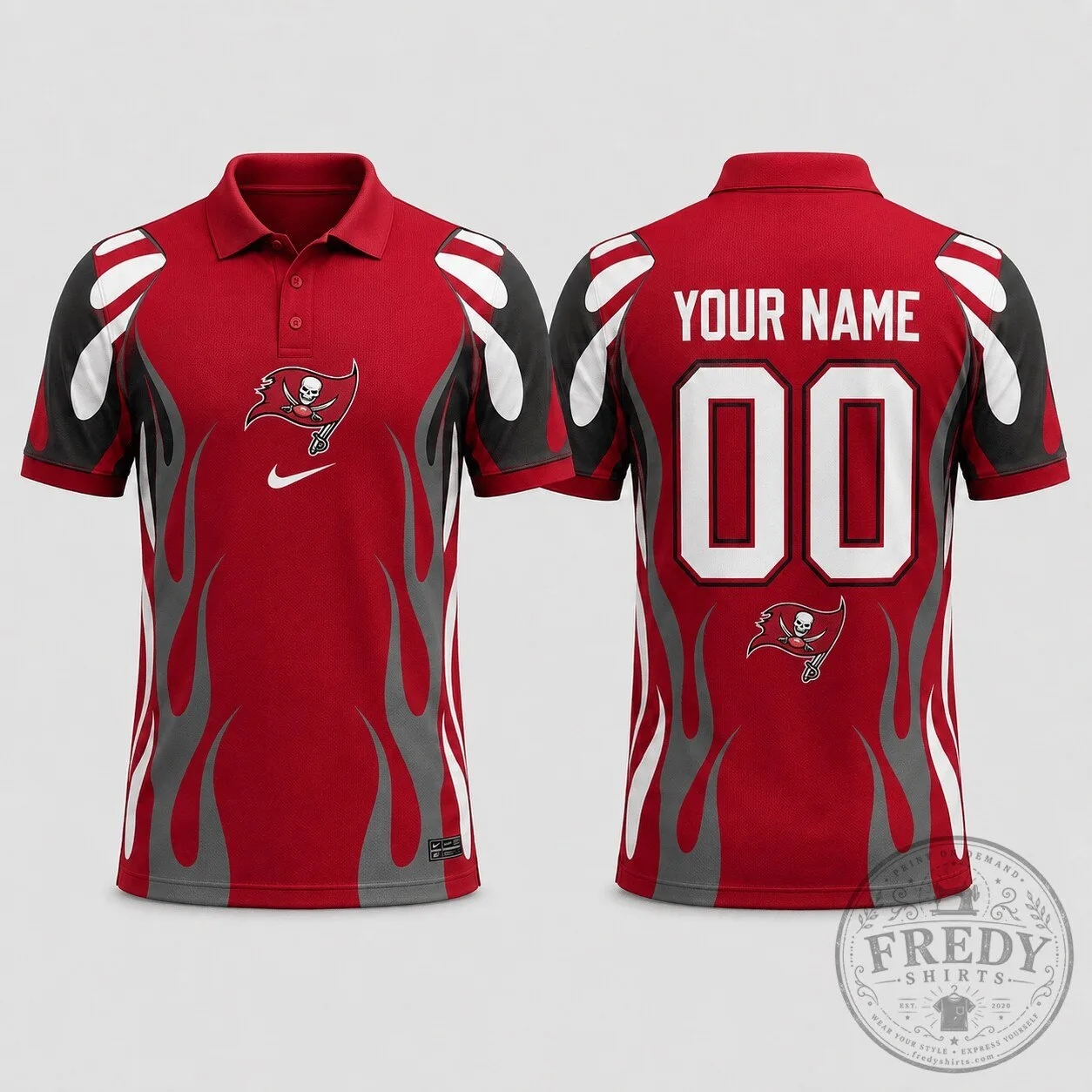 Tampa Bay Buccaneers Personalized Flame Design Red Performance Polo Shirt