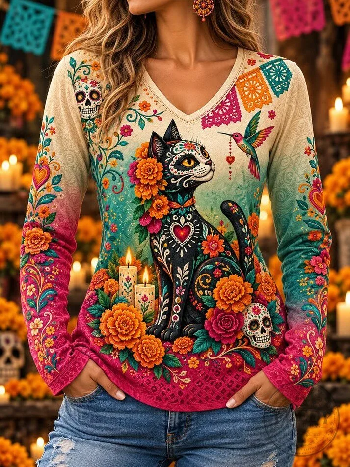 Day of the Dead Sugar Skull Cat and Hummingbird Long Sleeve V-Neck T-Shirt
