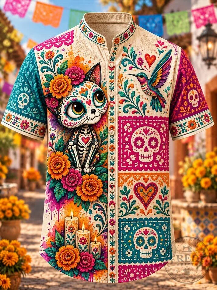 Day Of The Dead Sugar Skull Cat Floral Hawaiian Shirt