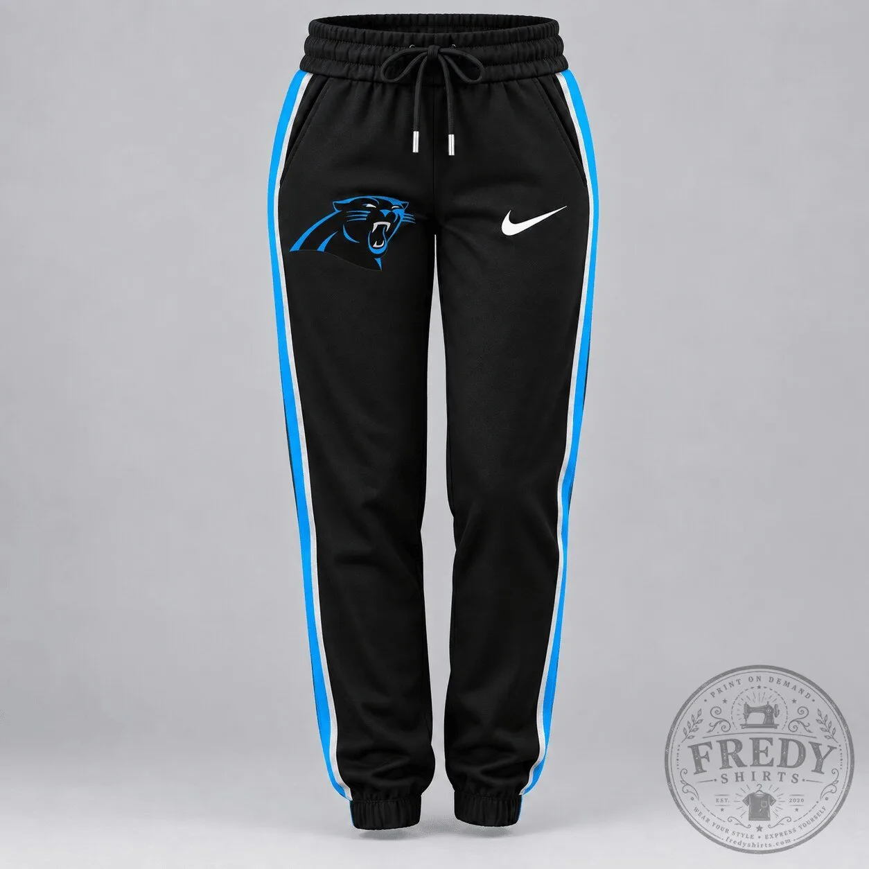 Carolina Panthers Nike Logo Black and Blue Side Stripe Jogger Pants 1 Carolina Panthers Nike Logo Black and Blue Side Stripe Jogger Pants