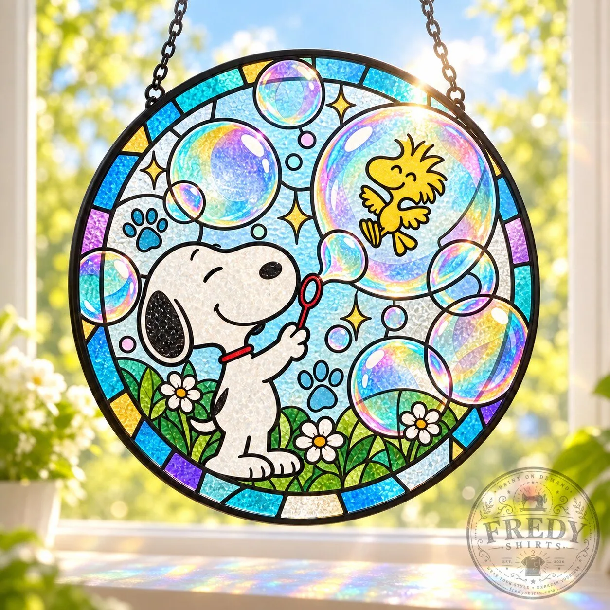 Snoopy and Woodstock Bubble Daydream Stained Glass Window Suncatcher